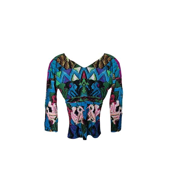 Roberto Cavalli Blue Green Multicolored Print Stretch Knit V-Neck Top Size XS - Picture 7 of 11